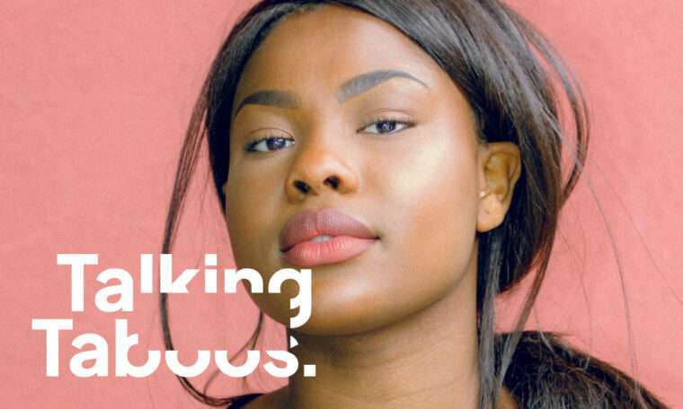 Photo shows young woman looking towards the camera with Talking Taboos logo overlaid.