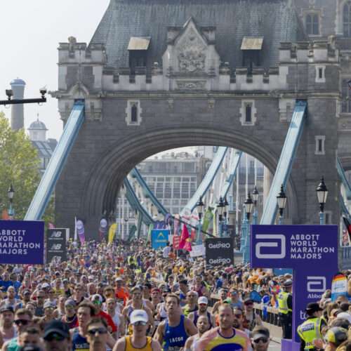 Runners cross over Tower Bridge during The TCS London Marathon on Sunday 27th April 2025.